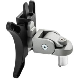 Silver mounting bracket with hinge to adjust viewing angle.   