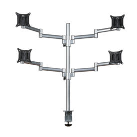 Silver metal frame with four arms and black brackets and a clamp