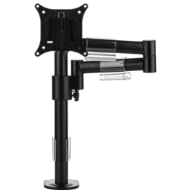 Single black pole supports an arm with two hinges, which itself holds a black bracket for a single monitor. 