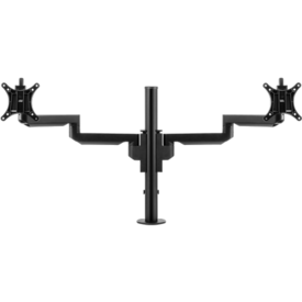 Black pole with two arms which support a single monitor bracket each. 