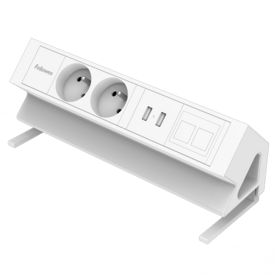 Unité d'alimentation rectangulaire blanche avec deux ports 230V et deux connexions USB-A. Elle est également équipée d'un espace pour keystone, remplaçable par deux connexions personnalisées. L'unité est inclinée à 45°.  