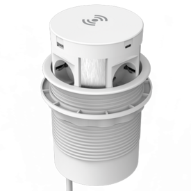 Weiße zylindrische Einheit mit vier 230V-Steckdosen, die konzentrisch um den Rand angeordnet sind, USB-Anschlüsse darüber. Der Deckel hat ein Wireless-Symbol und dient als Wireless-Ladegerät.