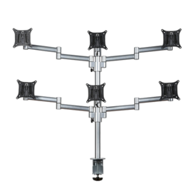 Single silver central pole with two bracket on top supports two angled poles, each with its own bracket. 