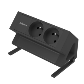 Unité rectangulaire noire, inclinée à 45°, dotée d'une pince réglable pour la fixer à une table. Équipée de deux prises 230V en façade.  