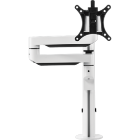 Circular white pole with one black bracket for a single monitor.  