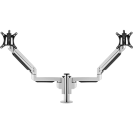 Short central pole which supports two arms, each holding a bracket for a monitor. 
