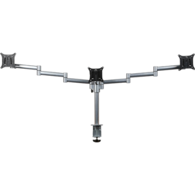 Silver triple monitor arm with black VESA brackets and a clamp