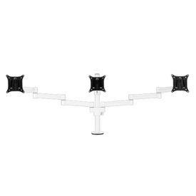 White monitor arm with three black VESA brackets