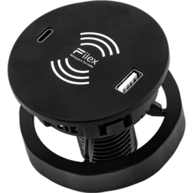 Plaque de charge sans fil circulaire noir avec un port de charge USB filaire sur chaque bord ; logo sans fil blanc au centre.  