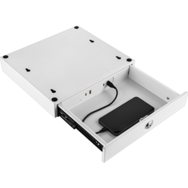 Tiroir de bureau verrouillable blanc qui se monte sous un bureau. Le tiroir comprend quatre ports USB sur la paroi arrière, et l'image montre un téléphone mobile à l'intérieur du tiroir. Un câble sort de la paroi arrière du tiroir.  