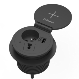 Prise d'alimentation circulaire avec une prise 230V, un port de charge USB-C et un port de charge USB-A, avec un couvercle incluant la charge sans fil.  