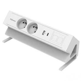 Unité d'alimentation rectangulaire longue avec deux prises 230V, deux ports USB et un cadre pour keystone.  