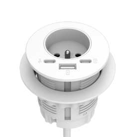 Prise circulaire blanche avec deux connexions USB-C, un chargeur USB-A et une prise 230V. Prise d'alimentation dissimulée sous le cadre circulaire.  
