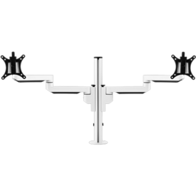 White pole with two arms which support a single monitor bracket each. 