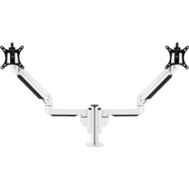 Short central pole which supports two arms, each holding a bracket for a monitor. 