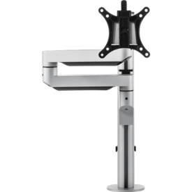 Circular silver pole with one black bracket for a single monitor.  