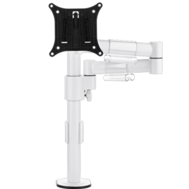 Single white pole supports an arm with two hinges, which itself holds a black bracket for a single monitor. 