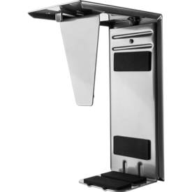 Silberner Metallhalter mit Schaumstoffpolstern und einstellbarer Halterung.
