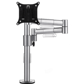 Single silver pole supports an arm with two hinges, which itself holds a black bracket for a single monitor. 
