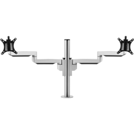Silver pole with two arms which support a single monitor bracket each. 