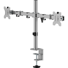 Mât en métal gris avec deux supports réglables formant une structure en T pour soutenir deux écrans.  