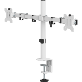 Mât en métal blanc avec deux supports réglables formant une structure en T pour soutenir deux écrans.  