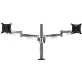 A single, circular silver pole supports two arms which branch outwards. Each arm holds a square black bracket. 