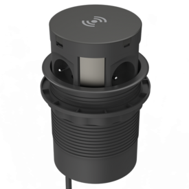 zwart cilindervormig toestel met vier 230V stopcontacten concentrisch gerangschikt rond de rand, met USB-poorten erboven. Het deksel van de unit heeft een Wireless-symbool en werkt als draadloze oplader. 