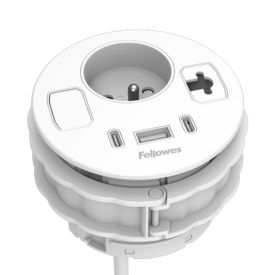 Unité d'électrification ronde noire intégrée au bureau avec quatre ports d'alimentation et un guide-câble.  