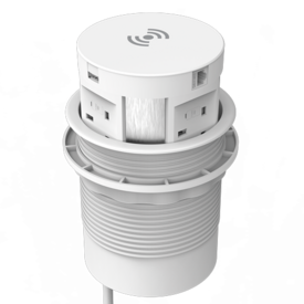 Black cylindrical unit with four 230V power sockets arranged concentrically around the edge, with USB ports above. Unit lid has a Wireless symbol, and functions as a wireless charger. 