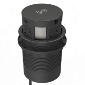 Black cylindrical unit with four 230V power sockets arranged concentrically around the edge, with USB ports above. Unit lid has a Wireless symbol, and functions as a wireless charger. 