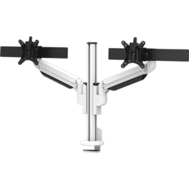 White Galaxy 2MS Dual Monitor Arm with top mount, designed for dual-screen setups with perfect alignment.