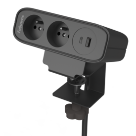 Cadre en aluminium avec un couvercle en plastique, supportant deux ports d'alimentation, un port USB-A et un port USB-C. Équipé d'une pince avec bouton de serrage.  