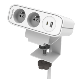 Cadre en aluminium avec un couvercle en plastique, supportant deux ports d'alimentation, un port USB-A et un port USB-C. Équipé d'une pince avec bouton de serrage.  