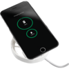 Plaque de charge sans fil circulaire blanche avec un port de charge USB filaire sur chaque bord ; logo sans fil blanc au centre.  