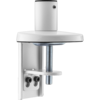 White circular feed through sits on top of a clamp with a metal screw and washer. 