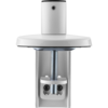 White circular feed through sits on top of a clamp with a metal screw and washer. 