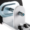 White circular feed through sits on top of a clamp with a metal screw and washer. 