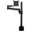 Single black pole supports an arm with two hinges, which itself holds a black bracket for a single monitor. 
