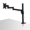 Single black pole supports an arm with two hinges, which itself holds a black bracket for a single monitor. 