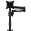 Single black pole supports an arm with two hinges, which itself holds a black bracket for a single monitor. 