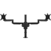 Black pole with two arms which support a single monitor bracket each. 