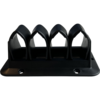 Four arch-shaped holes, fixed on a black plastic frame, with blue and white cables running through them and screw holes around the edges.  
