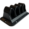 Four arch-shaped holes, fixed on a black plastic frame, with blue and white cables running through them and screw holes around the edges.  