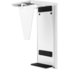 White bracket with fixing bracket that fixes CPU into place. Screw holes on side to fix unit under desk. 