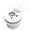Prise d'alimentation circulaire avec une prise 230V, un port de charge USB-C et un port de charge USB-A, avec un couvercle incluant la charge sans fil.  