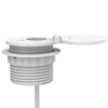 Prise d'alimentation circulaire avec une prise 230V, un port de charge USB-C et un port de charge USB-A, avec un couvercle incluant la charge sans fil.  
