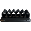 Six arch-shaped holes, fixed on a black plastic frame, with blue and white cables running through them and screw holes around the edges.  