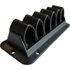 Six arch-shaped holes, fixed on a black plastic frame, with blue and white cables running through them and screw holes around the edges.  