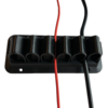 Six arch-shaped holes, fixed on a black plastic frame, with blue and white cables running through them and screw holes around the edges.  